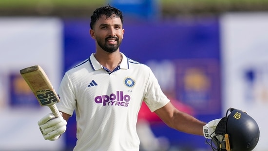 India vs Sri Lanka 1st Test: Devdutt Padikkal celebrates his maiden century. India vs Sri Lanka 1st Test: Devdutt Padikkal celebrates his maiden century.