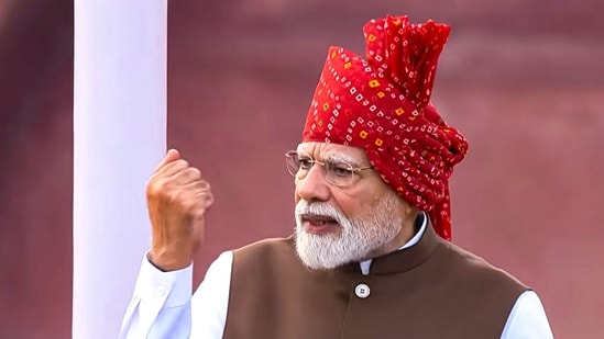 Prime Minister Narendra Modi addresses the nation during the 8oth Independence Day celebrations, at Red Fort, in New Delhi.