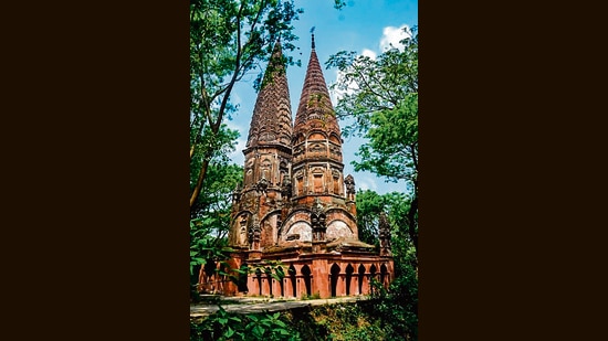 The Sonarang Twin Temples with peaks resembling spires, built between 1843 and 1886 in Bangladesh. (Courtesy Amit Guha / Tapestries in Brick)