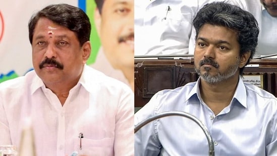 Tamil Nadu BJP president Nainar Nagendran (L) Chief Minister Vijay (R)