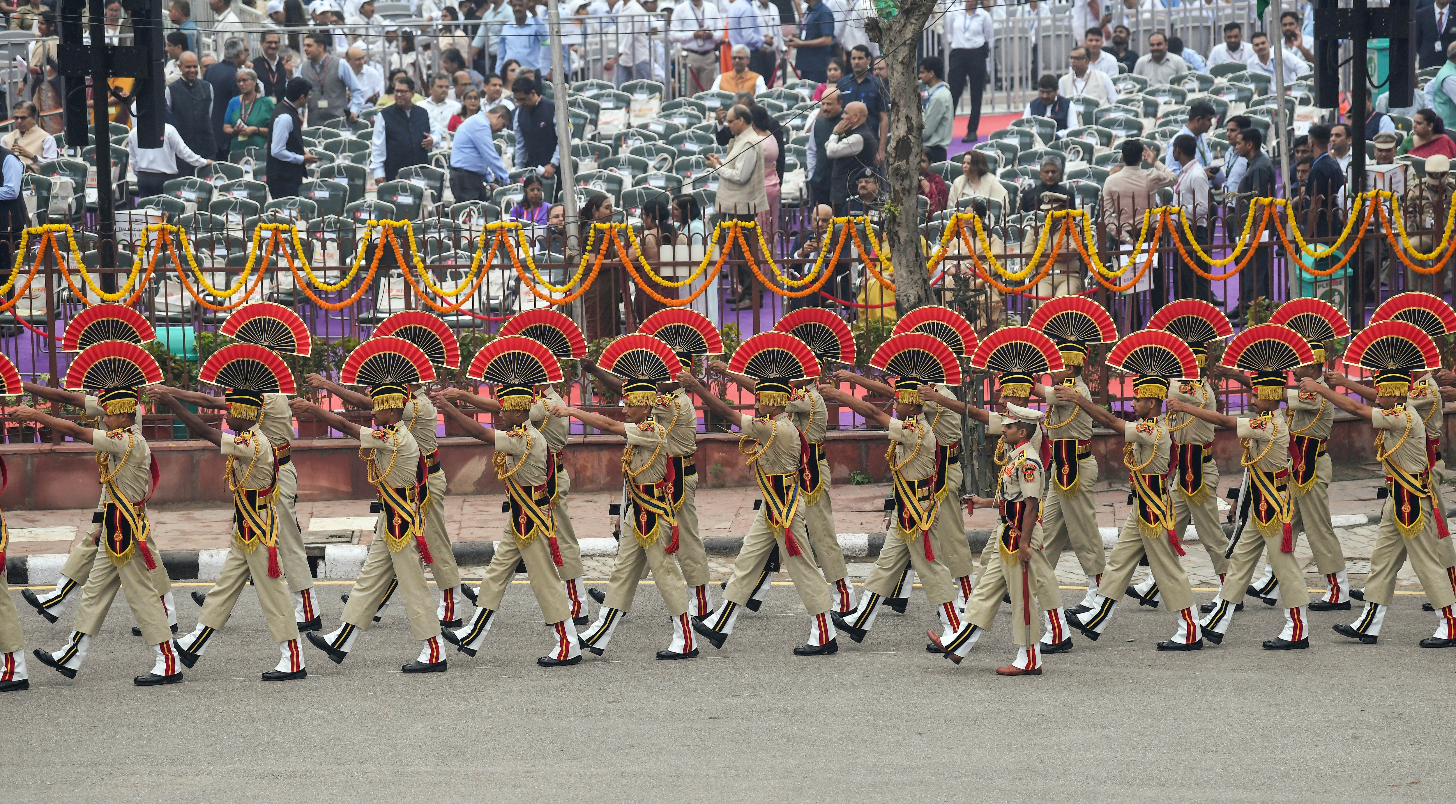 New Delhi, Aug 15 (ANI): Delhi Police contingent march during the 80th Independence Day celebrations at Red Fort, in New Delhi on Saturday. (ANI) New Delhi, Aug 15 (ANI): Delhi Police contingent march during the 80th Independence Day celebrations at Red Fort, in New Delhi on Saturday. (ANI)
