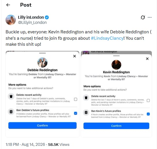 Screenshot circulating on X appears to show Lindsay Clancy’s defense lawyer Kevin Reddington and his wife, Debbie Reddington, seeking to join a Facebook group dedicated to discussing Clancy’s case. (X/@Lillyin_London) Screenshot circulating on X appears to show Lindsay Clancy’s defense lawyer Kevin Reddington and his wife, Debbie Reddington, seeking to join a Facebook group dedicated to discussing Clancy’s case. (X/@Lillyin_London)