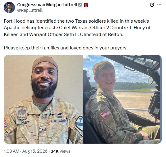Congressman Morgan Luttrell's statement on the identification of the soldiers killed in Texas helicopter crash. (X/@RepLuttrell) Congressman Morgan Luttrell's statement on the identification of the soldiers killed in Texas helicopter crash. (X/@RepLuttrell)