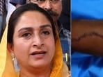 Showing a photo of the weapon, Harsimrat Kaur Badal said that ye attacker aimed at his with a 1.5-foot-long sharp weapon.(Screenshots from video (Photo Credits: @ANI/X))
