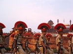 A contingent of Delhi Police personnel during the 8oth Independence Day celebrations at Red Fort on Saturday. (Arvind Yadav/HT Photo)