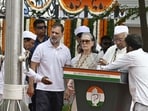 Leader of Opposition in the Lok Sabha Rahul Gandhi, Congress President Mallikarjun Kharge, Congress Parliamentary Party (CPP) Chairperson Sonia Gandhi and others during the 80th Independence Day celebrations at the AICC headquarters in New Delhi.