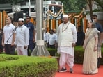 Leader of Opposition in the Lok Sabha Rahul Gandhi, Congress President Mallikarjun Kharge, Congress Parliamentary Party Chairperson Sonia Gandhi and others at the AICC headquarters in New Delhi. (Hindustan Times)