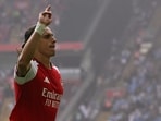 Riccardo Calafiori after scoring the first goal of the FA Community Shield.(AFP)