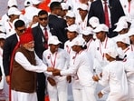 Prime Minister Narendra Modi greets children during the Independence Day celebrations at the historic Red Fort in Delhi