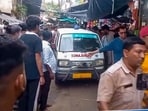 An ambulance at the site after former deputy speaker of the West Bengal Assembly, Ashis Banerjee, was found dead at a TMC office in Birbhum district, West Bengal, on Sunday, August 16, 2026. A purported suicide note was also recovered from the party office located near his residence in Hattala Para in Rampurhat, according to police. 