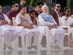 President Droupadi Murmu, along with PM Narendra Modi, and other leaders during former Prime Minister Atal Bihari Vajpayee's death anniversary at his memorial 'Sadaiv Atal'(Atul Yadav/PTI)