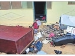 Protesters vandalised the Sub-Range Forest Officer’s office in Shagya on Saturday to demand an impartial probe. (HT PHOTO)