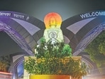 The Noida Gate illuminated with the colours of the national flag in celebration of the 80th Independence Day. (Sunil Ghosh/HT)