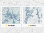 Road network in New Delhi, Mumbai and Bengaluru. Maps by WRI India
