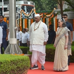 Leader of Opposition in the Lok Sabha Rahul Gandhi, Congress President Mallikarjun Kharge, Congress Parliamentary Party Chairperson Sonia Gandhi and others at the AICC headquarters in New Delhi. 