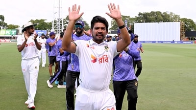 Bangladesh captain Najmul Hossain Shanto waves to the fans after his team's victory. (AFP) Bangladesh captain Najmul Hossain Shanto waves to the fans after his team's victory. (AFP)