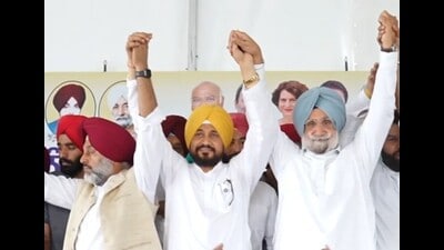 Jalandhar MP and former chief minister Charanjit Singh Channi and Gurdaspur MP Sukhjinder Singh Randhawa during an event in Issru near Khanna. (Sourced) Jalandhar MP and former chief minister Charanjit Singh Channi and Gurdaspur MP Sukhjinder Singh Randhawa during an event in Issru near Khanna. (Sourced)