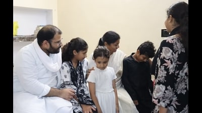 One of the photographs of the visit shared by MLA Pallavi Patel in which she is seen with Atiq’s family members. (Sourced) One of the photographs of the visit shared by MLA Pallavi Patel in which she is seen with Atiq’s family members. (Sourced)