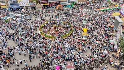 A drone view shows job aspirants and students taking out a massive 'Tiranga Yatra' procession to protest against the Jharkhand government over the JPSC and JSSC-CGL exam paper leak issues, at Albert Ekka Chowk, in Ranchi. (PTI) A drone view shows job aspirants and students taking out a massive 'Tiranga Yatra' procession to protest against the Jharkhand government over the JPSC and JSSC-CGL exam paper leak issues, at Albert Ekka Chowk, in Ranchi. (PTI)
