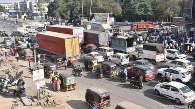 Pune, India -November21, 2022 :The traffic jam at Chakan Chowk on the Pune-Nashik Highway has become a matter of routine. in Pune, India, on Monday,November 21, 2022.(HT PHOTO) Pune, India -November21, 2022 :The traffic jam at Chakan Chowk on the Pune-Nashik Highway has become a matter of routine. in Pune, India, on Monday,November 21, 2022.(HT PHOTO)
