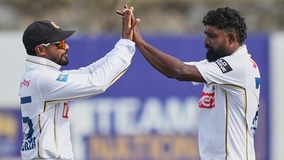 Prabath Jayasuriya took three wickets on day two. India finished on 460/9 with Kuldeep Yadav and Prasidh Krishna at the crease. Only 43 overs were bowled on Sunday. (AP Photo/Eranga Jayawardena) Prabath Jayasuriya took three wickets on day two. India finished on 460/9 with Kuldeep Yadav and Prasidh Krishna at the crease. Only 43 overs were bowled on Sunday. (AP Photo/Eranga Jayawardena)