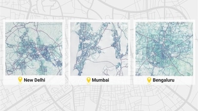 Road network in New Delhi, Mumbai and Bengaluru. Maps by WRI India (HT featured image/Made on Canva) Road network in New Delhi, Mumbai and Bengaluru. Maps by WRI India (HT featured image/Made on Canva)