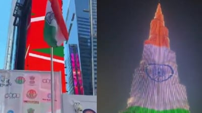 The iconic landmarks turned saffron, white and green, creating a striking display of India’s national pride overseas. (X@cgidubai and @IndiainNewYork) The iconic landmarks turned saffron, white and green, creating a striking display of India’s national pride overseas. (X@cgidubai and @IndiainNewYork)