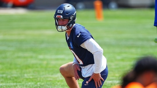 Bo Nix fractured his right ankle during Denver’s playoff win over the Buffalo Bills in January.(AP Photo)