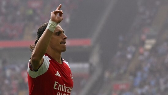 Riccardo Calafiori after scoring the first goal of the FA Community Shield.