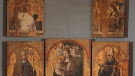 The five surviving panels of Antonello da Messina's 1473 "Polittico di San Gregorio" (San Gregorio Polyptych), three of which were stolen from the Museo Regionale Accascina in Messina, Italy.(via REUTERS)