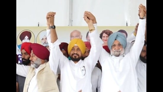 Jalandhar MP and former chief minister Charanjit Singh Channi and Gurdaspur MP Sukhjinder Singh Randhawa during an event in Issru near Khanna. (Sourced)