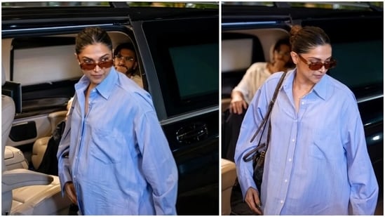 Pregnant Deepika Padukone looked comfy in denim and a blue shirt at the airport as Ranveer Singh dropped her off. (Instagram/ ran_deep_8586)