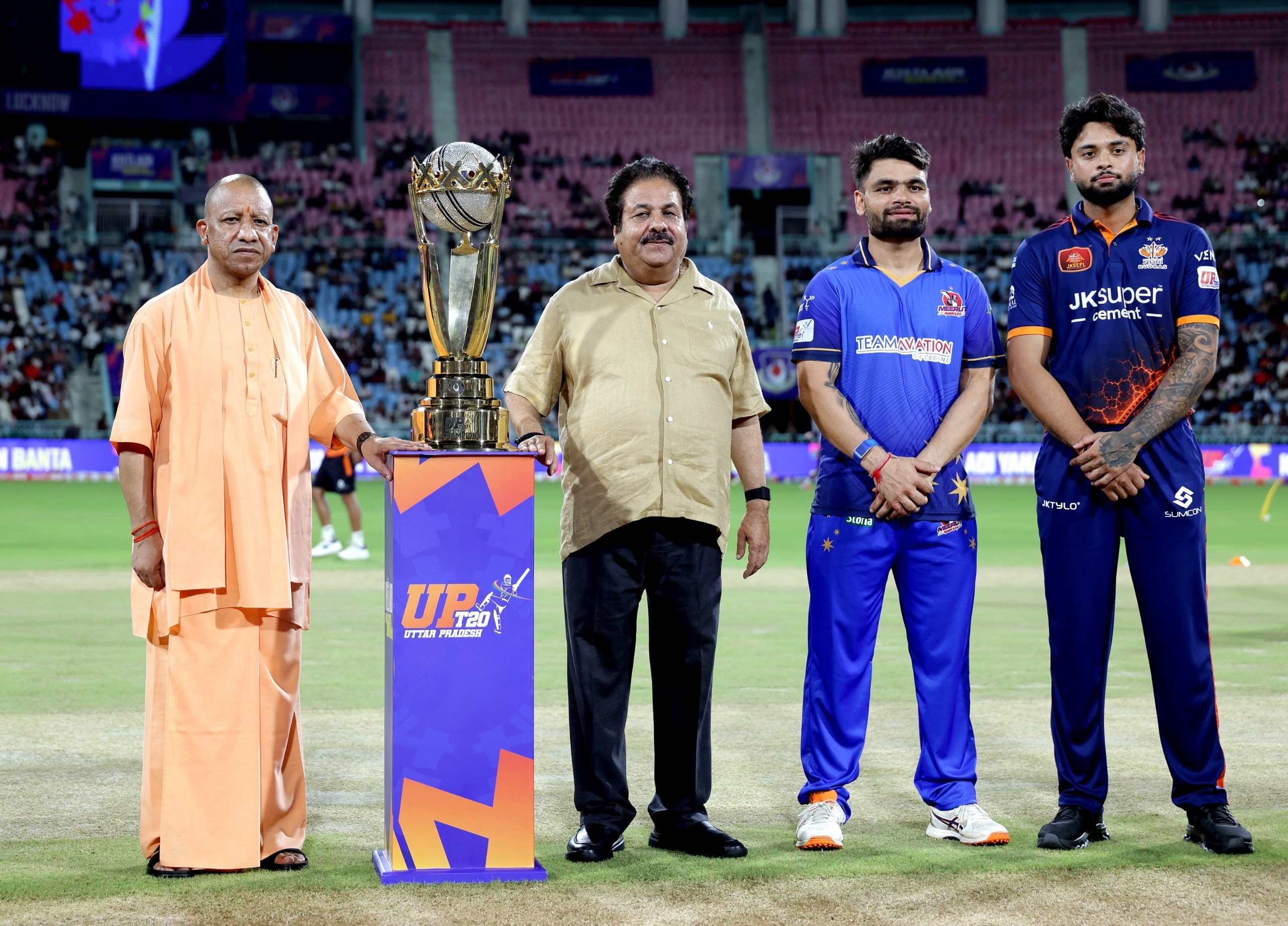 UP CM Yogi Adityanath with BCCI Vice President Rajeev Shukla, cricketers Rinku Singh and Karan Sharma (Photo: Deepak Gupta/HT) UP CM Yogi Adityanath with BCCI Vice President Rajeev Shukla, cricketers Rinku Singh and Karan Sharma (Photo: Deepak Gupta/HT)
