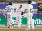 Sri Lanka's Sonal Dinusha celebrates his maiden Test century.