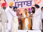 Bathinda MP and senior Shiromani Akali Dal leader Harsimrat Kaur Badal during a party rally at Guru Har Sahai in Ferozepur. (HT)
