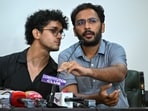 Cockroach Janta Party (CJP) spokespersons Saurav Das (L) and Ashutosh Ranka attend a press conference.