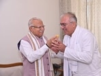 Haryana Rajya Sabha member Sanjay Bhatia (right) during his meeting with Union power minister Khattar in Panipat on Monday.
