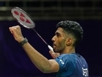 Ayush Shetty of India celebrates after defeating Shi Yu Qi of China during the Badminton World Championships in New Delhi. 