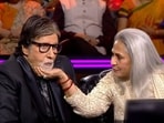 Jaya Bachchan with Amitabh Bachchan on the set of Kaun Banega Crorepati.