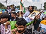  Student leader Devendra Nath Mahto being carried during a march towards Jharkhand Assembly amid a protest over alleged irregularities in the 14th JPSC examination, JSSC-CGL and other recruitment tests, demanding resignation of Jharkhand Chief Minister Hemant Soren and CBI probe on paper leaks.