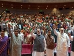 Prime Minister Narendra Modi along with union ministers Amit Shah, second right, Nitin Gadkari at Parliament Building, in New Delhi.