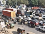 Pune, India -November21, 2022 :The traffic jam at Chakan Chowk on the Pune-Nashik Highway has become a matter of routine. in Pune, India, on Monday,November 21, 2022.(HT PHOTO)