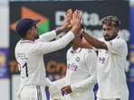 India's Mohammed Siraj celebrates the dismissal of Sri Lanka's Nishan Madushka with teammates during the day three of the first cricket test match