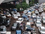 Traffic chaos near Polytechnic crossing in Lucknow on Monday, (HT Photo)