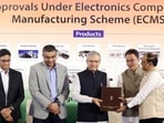 Union minister Ashwini Vaishnaw and Union MoS Jitin Prasada during handing over of approvals under the Electronics Component Manufacturing Scheme, in New Delhi on Monday (ANI)