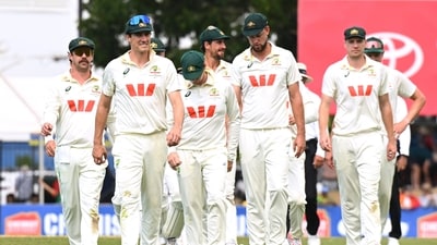 Australian captain Pat Cummins, second left, leads his players from the field following their nine wicket loss to Bangladesh on day four of the first test in Darwin (AP) Australian captain Pat Cummins, second left, leads his players from the field following their nine wicket loss to Bangladesh on day four of the first test in Darwin (AP)
