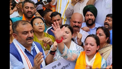 BJP leaders and workers raise slogans during a protest rally against the National Conference government, in Jammu on Monday. (ANI) BJP leaders and workers raise slogans during a protest rally against the National Conference government, in Jammu on Monday. (ANI)