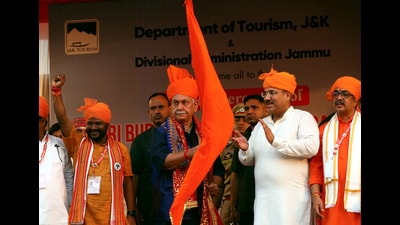 Jammu and Kashmir Lieutenant Governor Manoj Sinha flags off the first batch of pilgrims for the 'Budha Amarnath Yatra', in Jammu on Monday. (PTI) Jammu and Kashmir Lieutenant Governor Manoj Sinha flags off the first batch of pilgrims for the 'Budha Amarnath Yatra', in Jammu on Monday. (PTI)