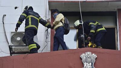 Mumbai, India - Aug. 17, 2026: Mumbai Fire Brigade personnel douse a fire that broke out in the basement of Aayakar Bhavan on Maharshi Karve Road, in Mumbai, India, on Monday, August 17, 2026. (Photo by Anshuman Poyrekar/Hindustan Times) (Anshuman Poyrekar/HT Photo) Mumbai, India - Aug. 17, 2026: Mumbai Fire Brigade personnel douse a fire that broke out in the basement of Aayakar Bhavan on Maharshi Karve Road, in Mumbai, India, on Monday, August 17, 2026. (Photo by Anshuman Poyrekar/Hindustan Times) (Anshuman Poyrekar/HT Photo)