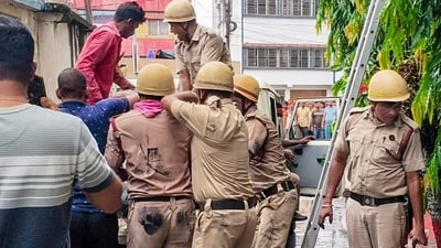 Tarapith: Rescue personnel carry out operations after a fire broke out at a private hotel in Tarapith, in Birbhum district, West Bengal, Monday, (PTI)